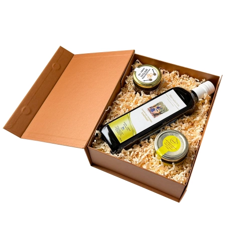 Elegancki zestaw: oliwa + miód + dżem